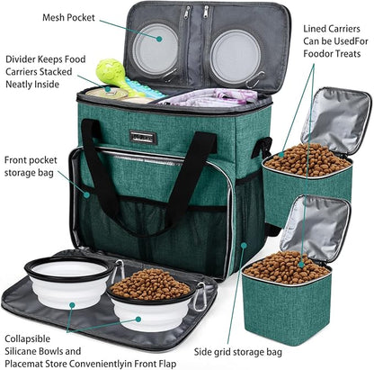 BAGLHER Pet Travel Set Airline-Approved Carrier for Small/Medium Cats &amp; Dogs + Travel Bag with Food Containers &amp; Silicone Bowls, Grey &amp; Green