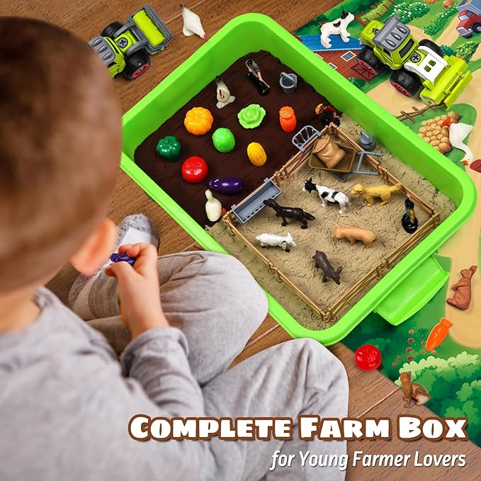 69 PCS Farm Sensory Bin Toys Playset, Sandboxes with Sand, Farmer Tractor &amp; Farm Animals Figures Toys for Kids 3 4 5, Gifts for 6 7 Years Old Boys Girls Toddlers