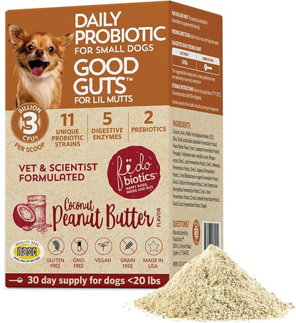 Fidobiotics Good Guts for Lil Mutts Probiotic for Dogs, Billions of CFUs, 11 Strains, 5 Digestive Enzymes, 2 Prebiotics, Digestive Gut Health for Dogs, Adult &amp; Puppy Probiotics Supplements (30 Days)