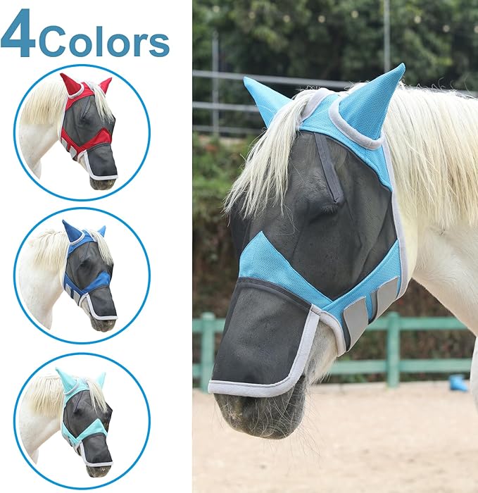 Horse Fly Mask with Ears &amp; Long Nose Cover | Forelock Opening for Tangle-Free Mane Care | UV Protection &amp; Breathable Mesh | No Rub Fit and Enhanced Visbility for Trail Riding Paleblue Full
