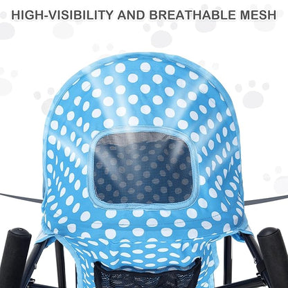 MoNiBloom 4 Wheels Pet Stroller, Easy-Fold Umbrella Shaped Dog Cat Jogger Stroller w/Storage Bag &amp; Visible Mesh for Small/Medium Dogs Cats Sky Blue Polka Dots