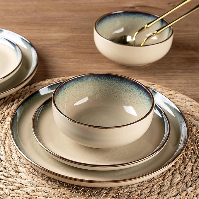 GBHOME Ceramic Dinnerware Sets for 4, 12 Pieces Stoneware Plates and Bowls Sets, Scratch Resistant Dishes, Dishwasher &amp; Microwave Safe, Reactive Glaze-Gravel