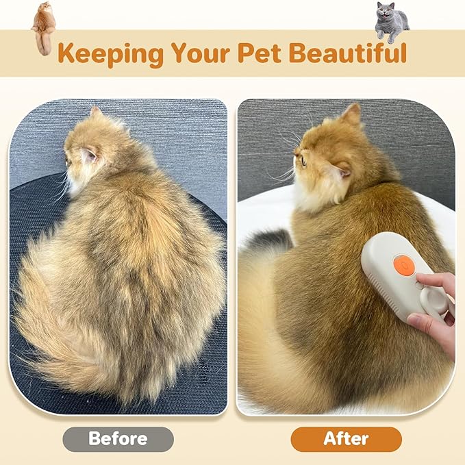 LunaSync Cat Steam Brush for Shedding, 4 in 1 Rechargeable Pet Grooming Brush for Cats and Dogs, Anti-Static Deshedding Tool with Massage &amp; Cleaning, Comb for Long Short Hair - Beige