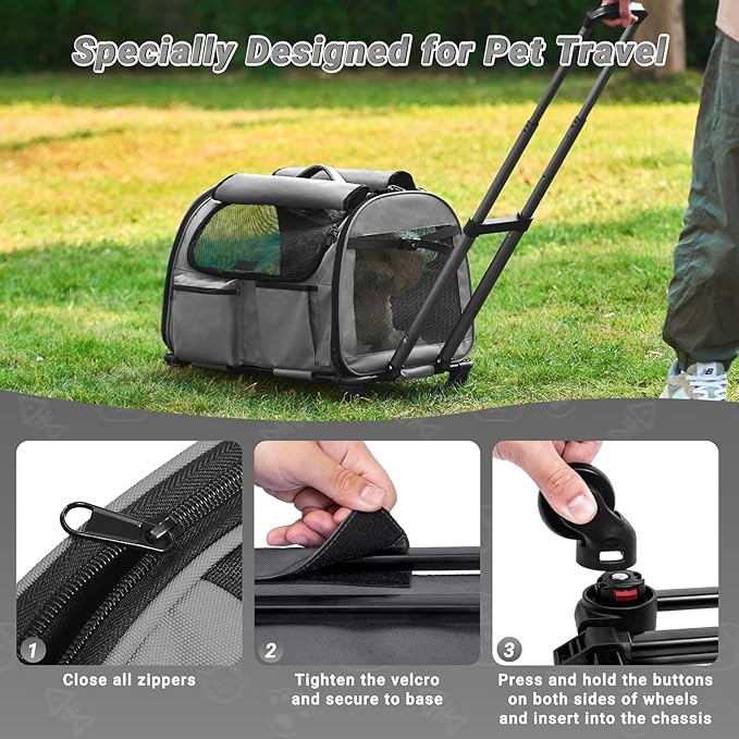 Large Pet Carrier with Wheels, Foldable Rolling Dog Carrier with Wheels and Big Pocket, Cat Rolling Bag 21"x13"x13" for 2 Cats &amp;Dogs, for Travel, Outdoor, Vet Visits, Camping, Indoor. Gray