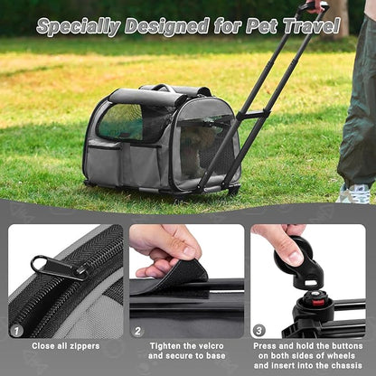 Large Pet Carrier with Wheels, Foldable Rolling Dog Carrier with Wheels and Big Pocket, Cat Rolling Bag 21"x13"x13" for 2 Cats &amp;Dogs, for Travel, Outdoor, Vet Visits, Camping, Indoor. Gray