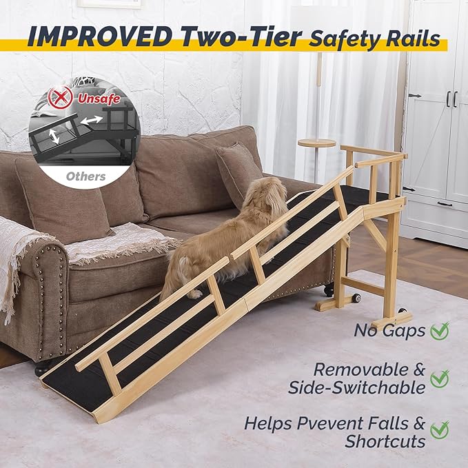 Dog Ramp for Bed or Couch, Wooden Pet Ramp with 20° Gentle Slope, Removable Side Rails, Non-Slip Surface, Top Platform &amp; Wheels, Safe Bed Ramp for Small, Medium &amp; Senior Dogs, 74" Long, Natural