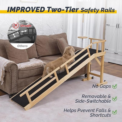 Dog Ramp for Bed or Couch, Wooden Pet Ramp with 20° Gentle Slope, Removable Side Rails, Non-Slip Surface, Top Platform &amp; Wheels, Safe Bed Ramp for Small, Medium &amp; Senior Dogs, 74" Long, Natural