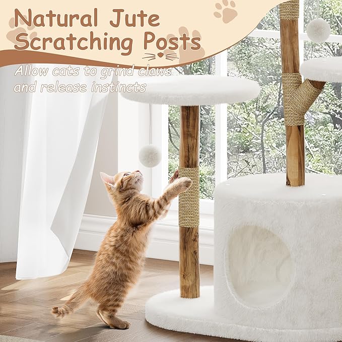 Modern Wood Cat Tree Tower for Large Cats | Luxury Solid Pear Wood Condo with Platforms, Scratching Posts &amp; All-Season Mats, 43" Aesthetic Cat Furniture, 2 Branch