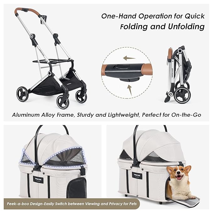 T3 Pro 3-in-1 Pet Stroller for Small Dogs &amp; Cats – Foldable, Lightweight with Detachable Carrier, 180° Canopy &amp; Cup Holder (Beige)