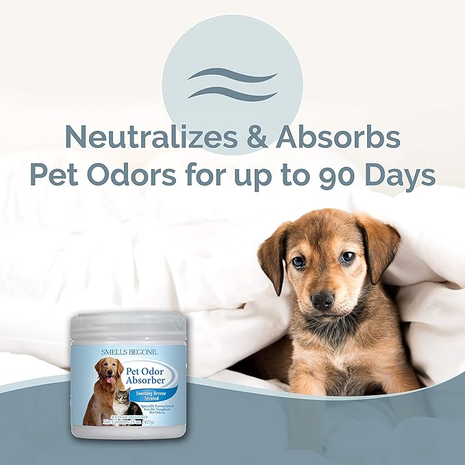 SMELLS BEGONE Air Freshener Pet Odor Absorber Gel - 15 oz, Pack of 2 - Absorbs and Eliminates Odor in Pet Areas, Bathrooms, Cars, &amp; Boats - Made with Essential Oils - Soothing Breeze Scent