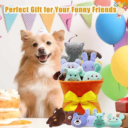 Squeaky Dog Toys, 11 Pcs Interactive Dog Plush Toy Collection in Flower Bouquet Packaging,10 Adorable Animal Plushies for Endless Play &amp; Training