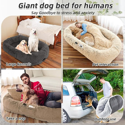 Human Dog Bed for Adults &amp; Pets, 63"x32"x10" Faux Fur Nap Bed with Pillow, Blanket &amp; Strap, Orthopedic Washable Lounger for Sleeping, Relaxing, Cuddling – Pink