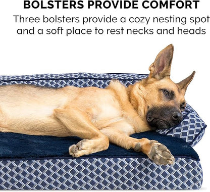 Furhaven Memory Foam Dog Bed for Large Dogs w/ Removable Bolsters &amp; Washable Cover, For Dogs Up to 125 lbs - Plush &amp; Woven Decor Comfy Couch Sofa - Diamond Blue, Jumbo Plus/XXL