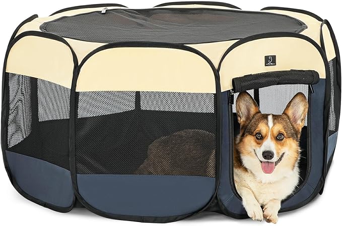 A4Pet Collapsible Playpen, 39.5” Portable Dog Playpen with Bowl, Suitable for Puppies, Kittens, and Small Animals, Removable Zipper &amp; Mesh Panel(16”W × 10”H)