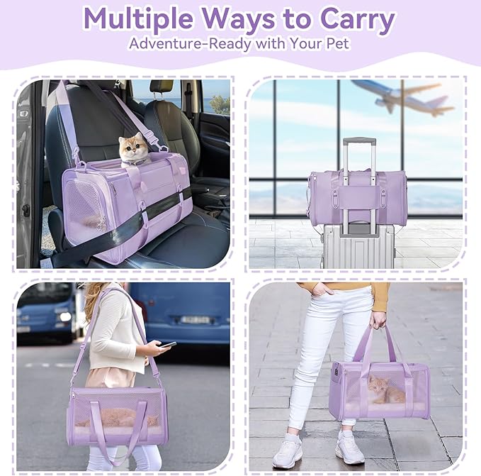 PETSFIT Soft-Sided Cat Carriers &amp; Car Seats with Patent Safe Buckles, Clip-On Harness, 18"x11"x11" Airline Approved Pet Carrier - 9 lbs Capacity (Purple)