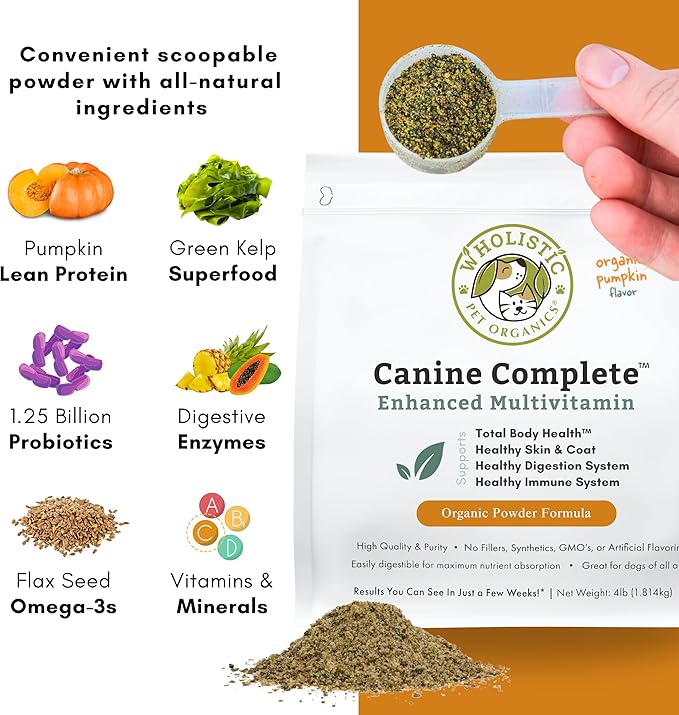 Wholistic Pet Organics Canine Complete - Dog Multivitamin Powder - 4 Lb - Daily Dog Vitamins and Supplements for Homemade Food - Immune System, Skin, Coat &amp; Overall Health - Small and Large Breed