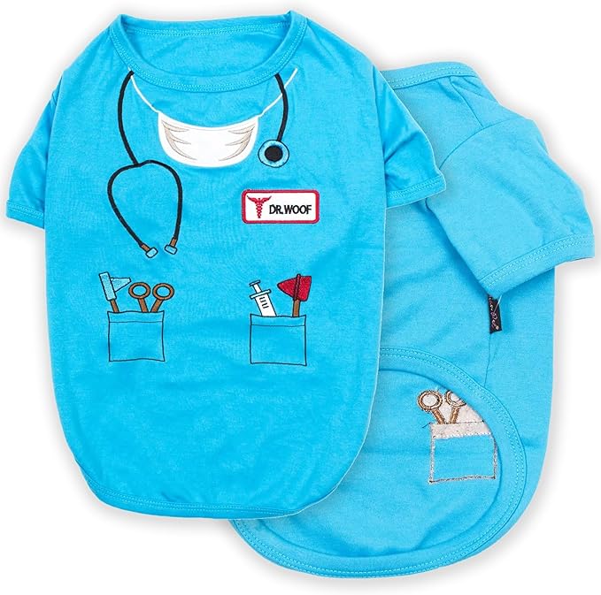 Parisian Pet Doctor Woof Dog Shirt - Embroidered Pirate Costume - 100% Cotton &amp; Polyester - Blue Funny Dog Shirts - Pet Costume - 2XL