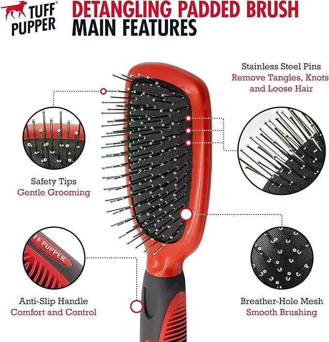 Tuff Pupper Stainless Steel Pin Brush for Long or Short Hair Pets - Detangling &amp; Dematting Undercoat Brush for Dogs, Cats, and All Pets
