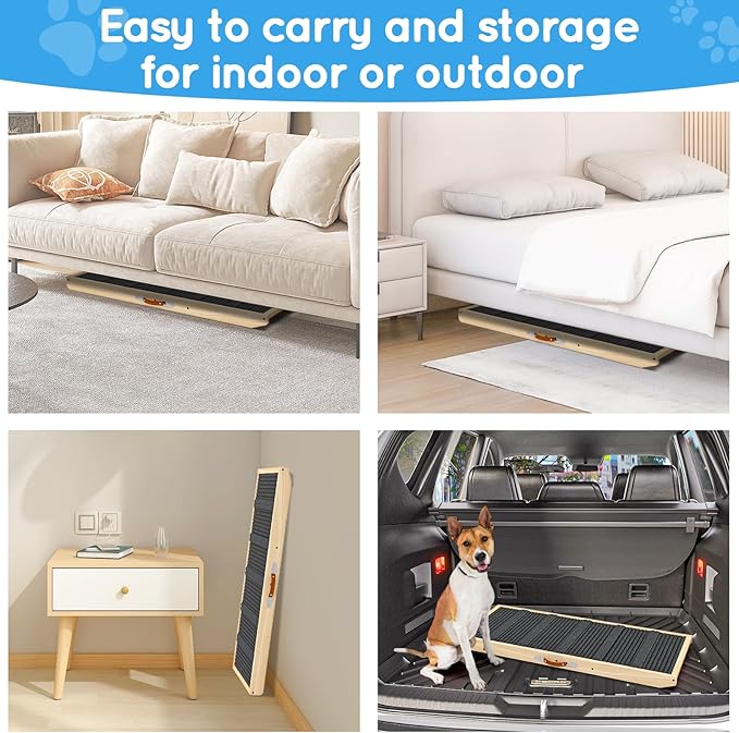 Dog Ramp for Couch, Bed, Wooden Long Pet Stairs for Small &amp; Large Old Dogs &amp; Cats, Hold up to 100lb, Adjustable Height from 11.41" to 20.47", Portable Doggie Steps (39.37" Long)