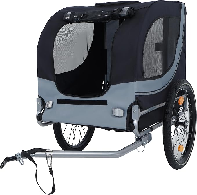 Blue-Grey Large Folding Bike Trailer for Dogs – Heavy-Duty Steel Frame, 66LB Capacity Pet Carrier for All-Terrain Cycling, Jogging &amp; Camping Adventures!