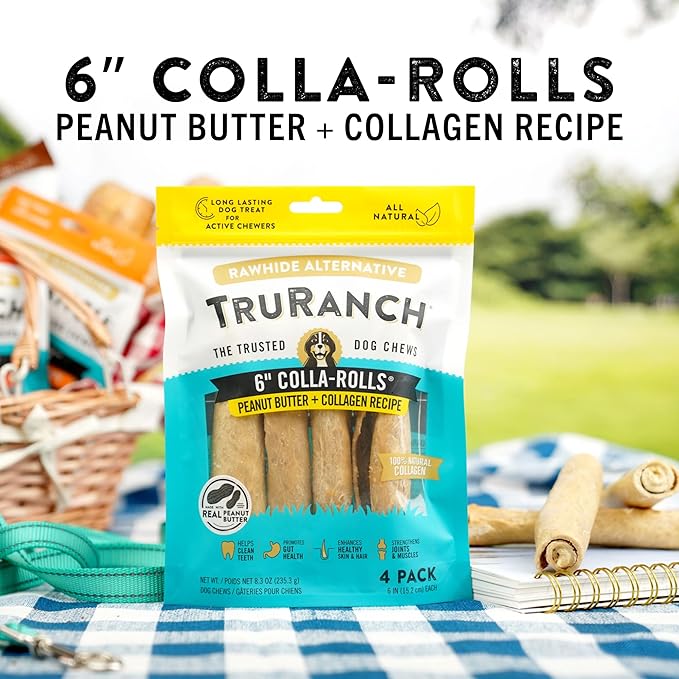 Collagen Rolls - 6" Collagen Rolls for Dogs - Long Lasting Healthy Joint Support Dog Treat - Rawhide Alternative - Skin &amp; Coat Health - Made with Real Peanut Butter, 1 Bag, 4 Count