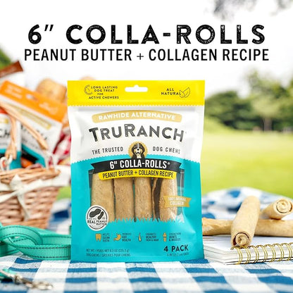 Collagen Rolls - 6" Collagen Rolls for Dogs - Long Lasting Healthy Joint Support Dog Treat - Rawhide Alternative - Skin &amp; Coat Health - Made with Real Peanut Butter, 1 Bag, 4 Count