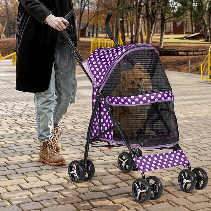 Magshion Compact Pet Stroller for Small-Medium Dogs/Cats up to 22lbs, 4-Wheel Lightweight Umbrella Shaped Portable Puppy Travel Jogger with Breathable Mesh &amp; Rear Storage, Purple Polka Dots