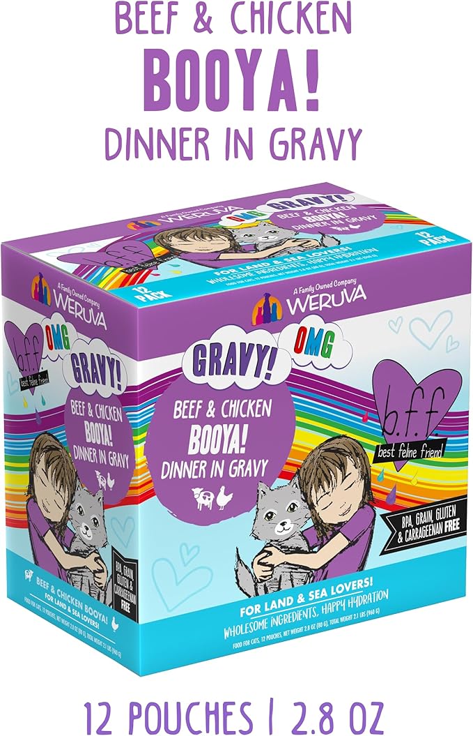 Weruva B.F.F. OMG - Best Feline Friend Oh My Gravy!, Booya! Beef &amp; Chicken in Gravy Cat Food, 2.8oz Pouch (Pack of 12)