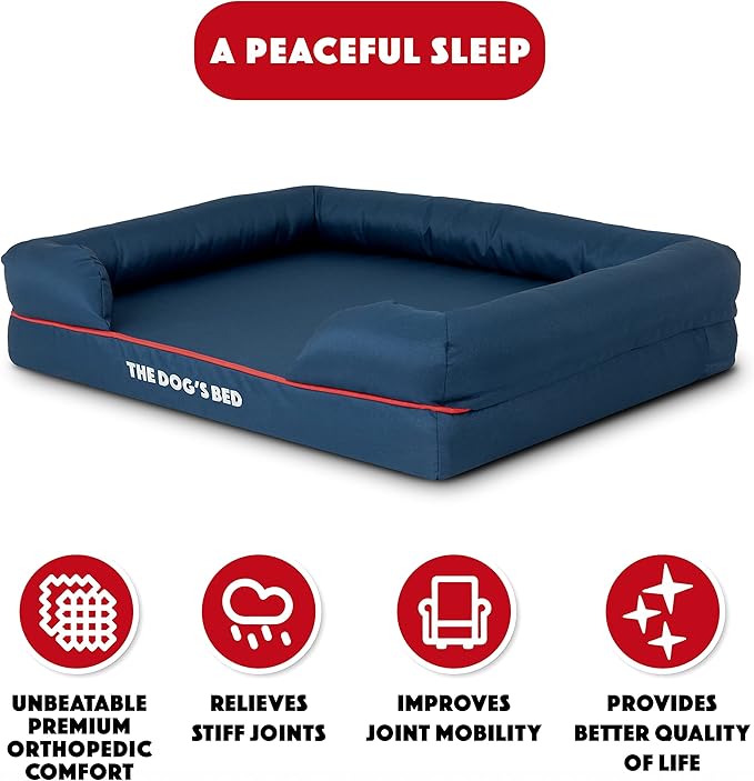The Dog’s Bed, Medium Blue/Red 30x23.5, Memory Foam, Pain Relief: Arthritis, Hip &amp; Elbow Dysplasia, Post Surgery, Lameness, Supportive, Calming, Waterproof Washable Cover, Veterinary Approved