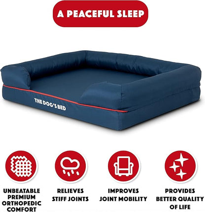The Dog’s Bed, Medium Blue/Red 30x23.5, Memory Foam, Pain Relief: Arthritis, Hip &amp; Elbow Dysplasia, Post Surgery, Lameness, Supportive, Calming, Waterproof Washable Cover, Veterinary Approved