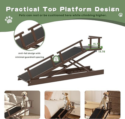 6 Level Height Adjustable Dog Ramp for Bed, Couch 65" Foldable Pet Ramp with Non-Slip Mat，DIY Glow Strips &amp; Rest Platform Heavy Duty Dog Stairs for Large Dogs up to 200Lbs ，Brown