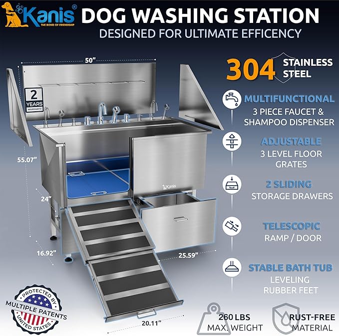 KANIS Professional Dog Washing Station - 304 Stainless Steel Pet Wash Sink &amp; Grooming Bath Tub for Home with Ramp, Shower, Floor Grate, Storage Drawers, and Faucet for Large, Medium &amp; Small Pets