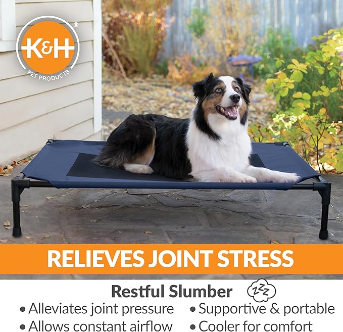 K&amp;H Pet Products Outdoor Elevated Dog Cot, Breathable Cooling Elevated Cot Hammock Pet Bed for Large Dogs, Washable Mesh Cover, Raised Metal Frame, Collapsible, Portable - Large 42 X 30in Blue