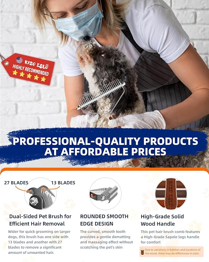 Extra Large 2-Sided Undercoat Rake for Dogs &amp; Cats, Dog Brush for Shedding Remove Mats, Dematting Comb, Safe&amp;Gentle Grooming Brush for German Shepherds Medium to Long-Haired Pets,Premium Wooden Handle