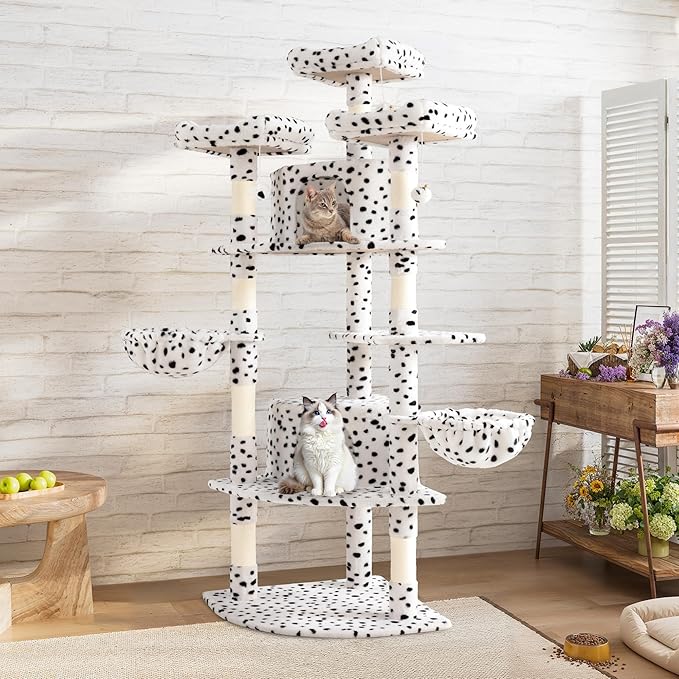 SHA CERLIN 73in Fan-Shaped Corner Cat Tower for Save Space/Multi-Level Tall Tree for Indoor Kitties/Condo with Baskets/Cozy Perches/Sisal Scratching Posts/Pet Activity House/White &amp; Black Spot