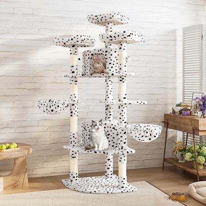 SHA CERLIN 73in Fan-Shaped Corner Cat Tower for Save Space/Multi-Level Tall Tree for Indoor Kitties/Condo with Baskets/Cozy Perches/Sisal Scratching Posts/Pet Activity House/White &amp; Black Spot