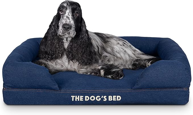 The Dog’s Bed, Med Blue Denim 30x23.5, Memory Foam, Pain Relief: Arthritis, Hip &amp; Elbow Dysplasia, Post Surgery, Lameness, Supportive, Calming, Waterproof Washable Cover, Veterinary Approved