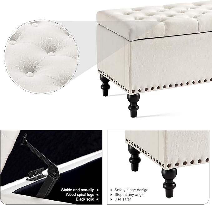 Ottoman with Storage,50.2-inch Upholstered End of Bed Storage Bench for Bedroom,for The Living Room,for Entryway, with Rivets &amp; Button and Safety Hinges,Detachable (White)