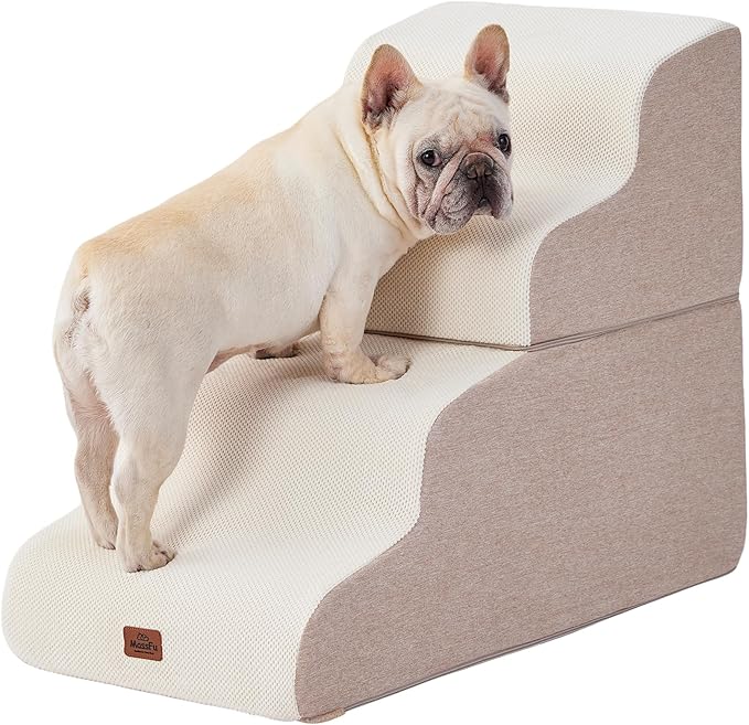 Beige Curved Dog Stairs Ramp for Small Dogs &amp; Cats 22.8" H, 4-Step Dog Steps for Couch Sofa and Chair, Pet Stairs for Cats, Non-Slip Balanced Pet Steps