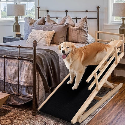 Dog Ramp, 5 Level Adjustable Height Folding Pet Ramp for High Bed, Portable Paw Ramps Large Bed Ramp for Medium &amp; Large Old Dogs &amp; Cats - Natural Wood Furniture Quality