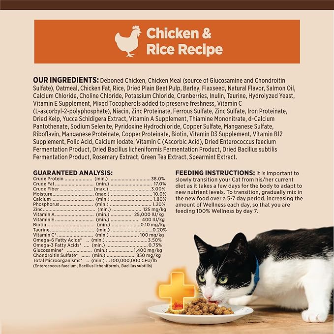 Wellness CORE+ Adult Dry Cat Food for Indoor and Outdoor Cats, Wholesome Grains, Natural, Digestive Health Chicken &amp; Rice (11 Pound Bag)