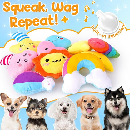 Irresistible Weather-Themed 20-Pack Squeaky Dog Toys Set for Small Dogs &amp; Puppies, Included 16 Plush Toys with Vibrant Characters to Keep Them Busy &amp; 4 Dog Bags