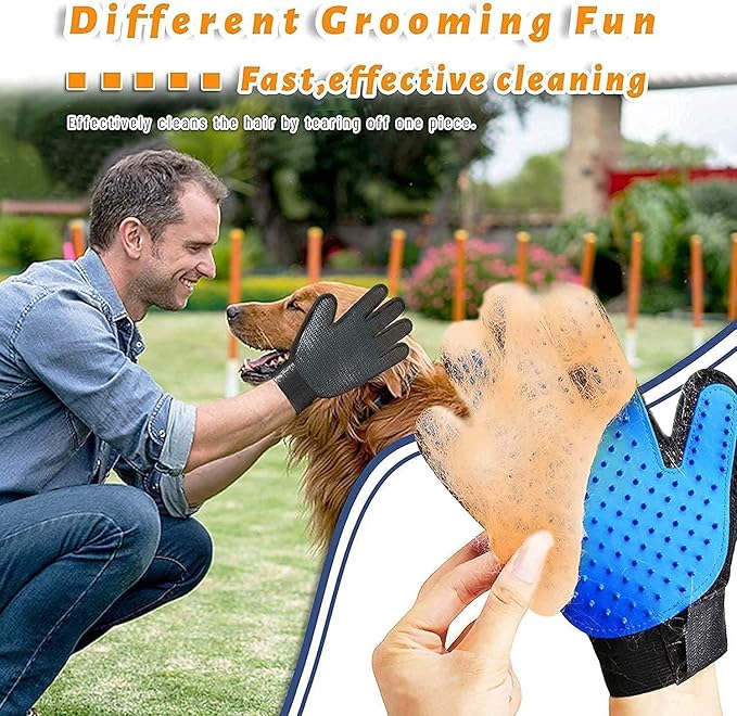 Pet Grooming Glove Hair Remover Brush Gentle Deshedding Efficient Pet Mitt Pet Massage Gloves Left &amp; Right Hand Draw Dogs Cats Horses Long Short Fur (1Pair Left &amp; Right Hand (Blue))