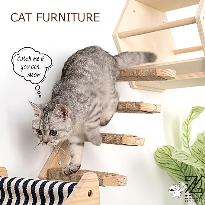 3-Piece Cat Wall Furniture Set - Hammock, Hexagon House, Climbing Steps - Wall Mounted Shelves, Perches, and Beds - Modern Design for Large Cats and Kittens &amp; Spare Hammock Fabric Included