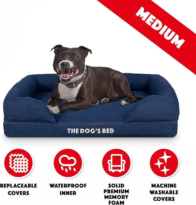 The Dog’s Bed, Med Blue Denim 30x23.5, Memory Foam, Pain Relief: Arthritis, Hip &amp; Elbow Dysplasia, Post Surgery, Lameness, Supportive, Calming, Waterproof Washable Cover, Veterinary Approved