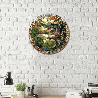 Lygond Metal Sign Tin Sign Circular Stained Glass Alligator Tin Signs for Garden for Pub 8×8 Inches