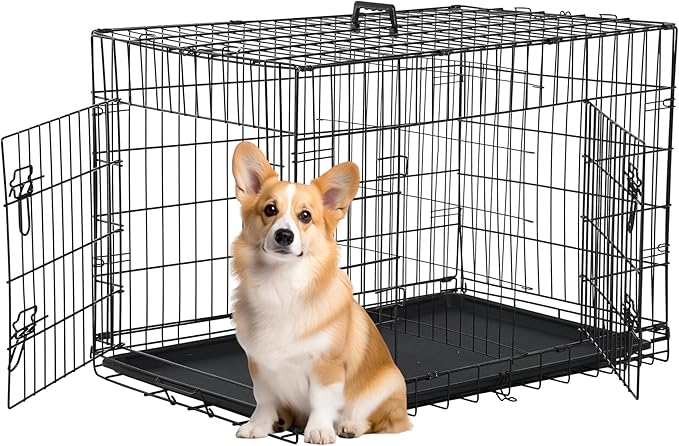 FDW 30 inch Dog Crate Dog Kennel Cage with Double Door Folding Metal Wire Dog Cage with Removable Tray&amp;Divider Panel,Pet Crate for Medium Dogs,Black