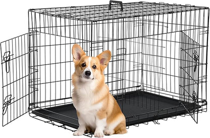 FDW 30 inch Dog Crate Dog Kennel Cage with Double Door Folding Metal Wire Dog Cage with Removable Tray&amp;Divider Panel,Pet Crate for Medium Dogs,Black