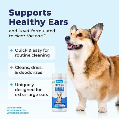 Vetnique Oticbliss Advanced Cleaning Ear Wipes for Dogs for Odor Control, Dirt and Wax Removal with Soothing Aloe Vera, Salicylic Acid &amp; Vitamin E, (Ear Cleaning Wipes, Advanced Cleaning Large)