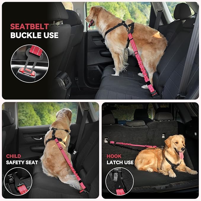 Pawaboo 2Pack Dog Seatbelt for Car, 3-in-1 Dog Seat Belt Bungee, Shockproof Dog Car Tether with Buckle &amp; Hook Latch, Adjustable Reflective Dog Car Harness Leash with 360° Lockable Buckle, Red
